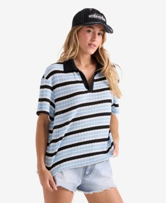 Women's Striped Short-Sleeve Swim Cover-Up Polo Shirt