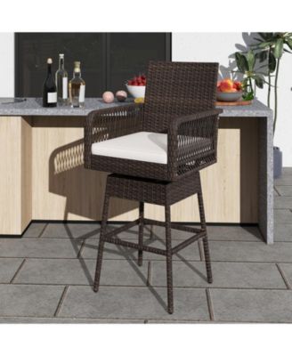 Wicker Swivel Bar Stools with Cross-Woven Armrests and Cushion
