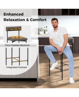 Upholstered Counter Height Bar Stool Set of 2 with Padded Backrest and Metal Frame