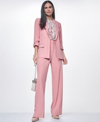 Women's Notch Collar Long-Sleeve Jacket, Mid-Rise Full Length Relaxed Pants, and Pleated Crewneck Sleeveless Top