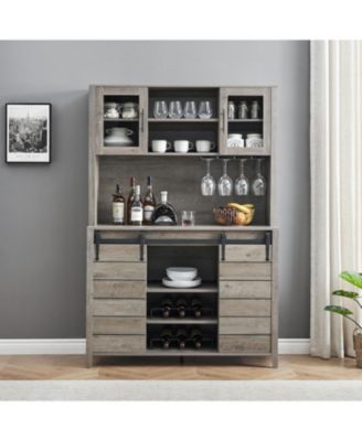 Tall Farmhouse Coffee Bar Cabinet, Kitchen Hutch Storage with Sliding Barn Door