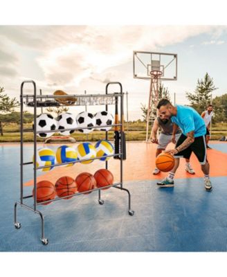 4-Tier Rolling Basketball Rack with Wheels, Hooks & Baskets, Sports Equipment Storage Organizer for Garage, Balls & Gear