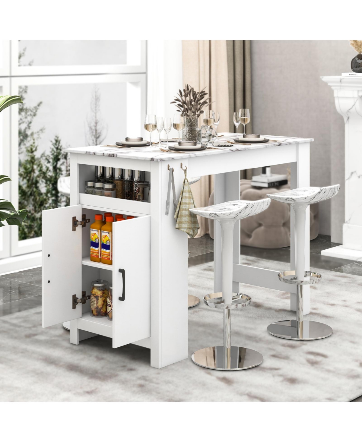 Sugift Faux Marble Bar Table with Hanging Hooks and Storage