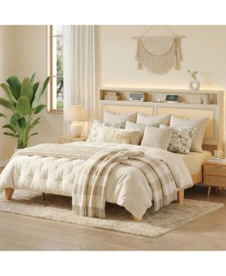 Rattan Bed Frame with RGB LED Lights - 2-Tier Storage and Under Bed Storage, Charging Station - Sturdy Wooden Slats, No Box Fresh Needed