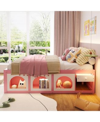 Modern Wooden Full Size Platform Bed Frame for Kids Teens, Integrated with Bookshelf, Side Display Cabinet, LED Lighting and Storage Drawer