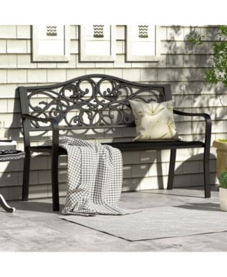 50 Inches Outdoor Cast Iron Metal Patio Bench with Floral Design Backrest and Slatted Seat