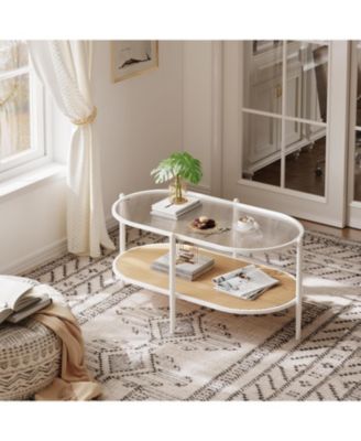 2-Tier Rattan Coffee Table with Tempered Glass Top, Farmhouse Water-Wave Glass Metal Tea Center Tables Storage Shelf Decor