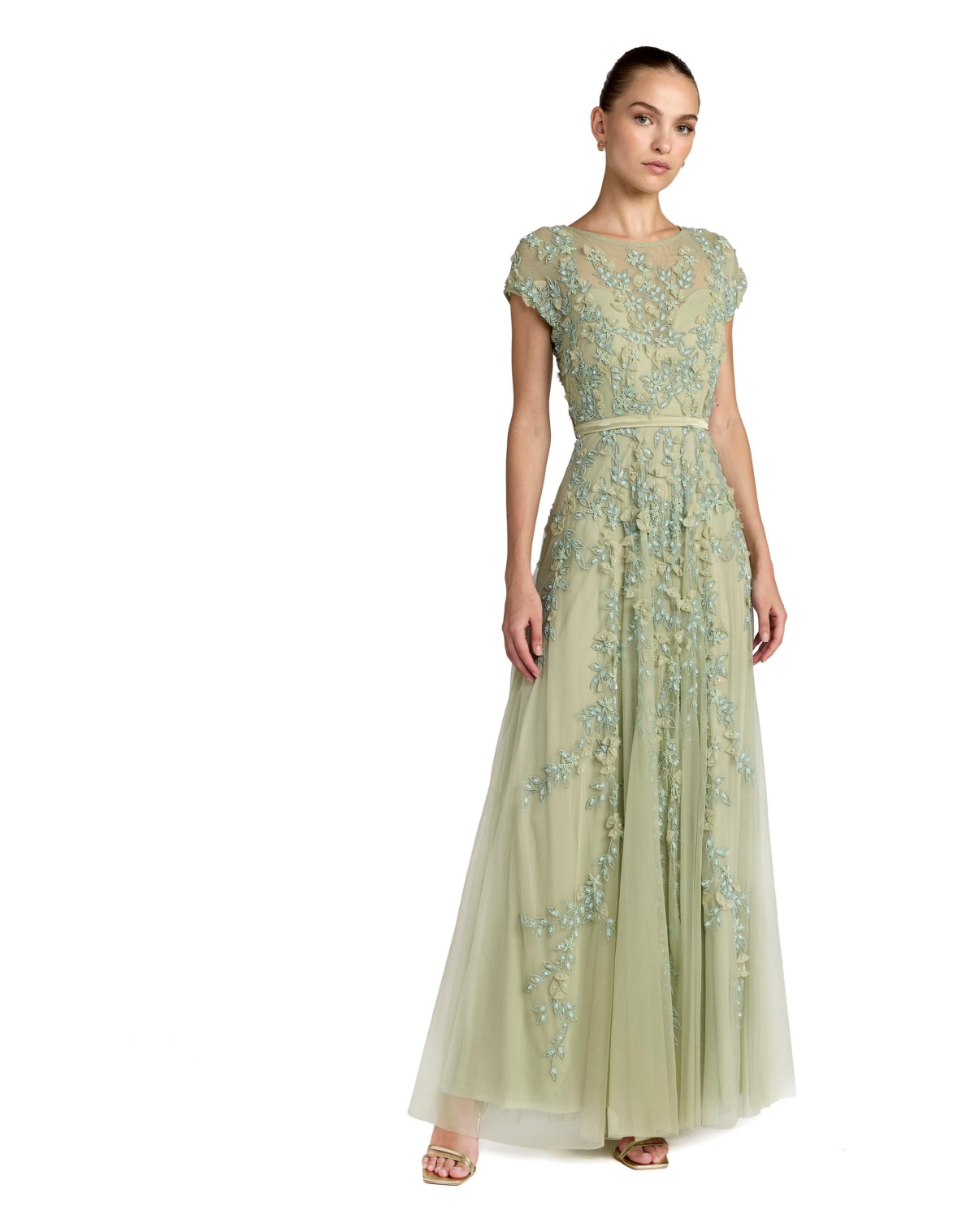 Mac Duggal Women's Floral Embellished Short Sleeve Mesh Gown - Sage