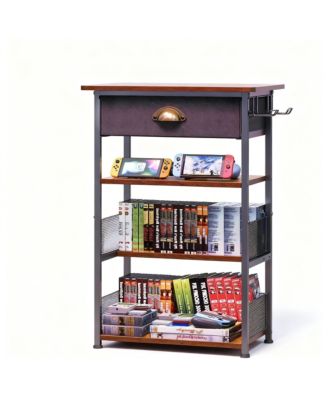 4-Tier Media Stand with Drawer Game Console Shelf Audio Rack Tower with 2 Hooks