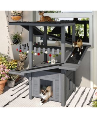 Outdoor Cat House 4 Tiers, Weatherproof Cat Tree Tower with Waterproof Roof, Multi-Level Play Zones with Balcony and 2 Doors, Grey