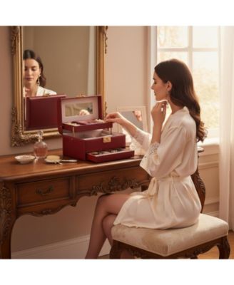 3 Layers Leather Jewelry Storage Box with Lock Mirror Drawers for Necklaces Earrings Bracelets Rings