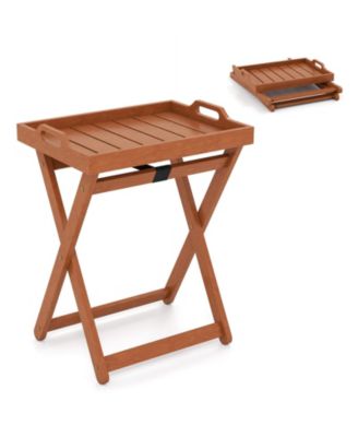 Outdoor Wood Tray Table Portable Side End Table with Folding Frame