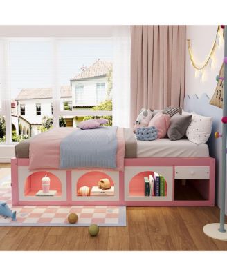 Queen Modern Wooden Platform Bed for Kids and Teens, Space-Saving Storage Bed Frame with Bookshelf, Drawer and LED Lighted Display Cabinet