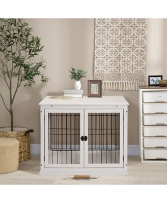 Small Dog Crate Furniture End Table with Two Opening Sides and Lockable Door, Indoor Puppy Kennel, Pure White