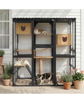  Outdoor Wooden Catio, Fir Wood Cat Enclosure with Sleeping House and Jumping Platforms, Secure Cat Playpen, Black and Natural