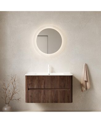 36 Inch Wall Mounted Bathroom Vanity with Integrated Ceramic Sink, Double Drawer Storage, Modern Floating Plywood Cabinet