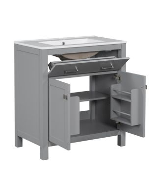 60 Inch Double Sink Bathroom Vanity with Ceramic Sinks, Solid Wood Frame, Flip-Out Drawer and Adjustable Shelf