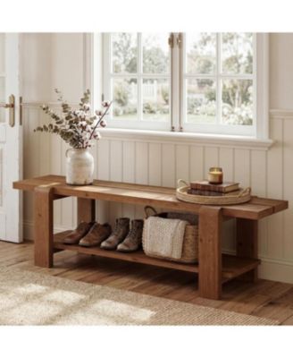 Solid Wood Entryway Bench with Shoe Storage Shelf, 63-Inch Long Farmhouse Entry Shoe Bench, End of Bed Bench