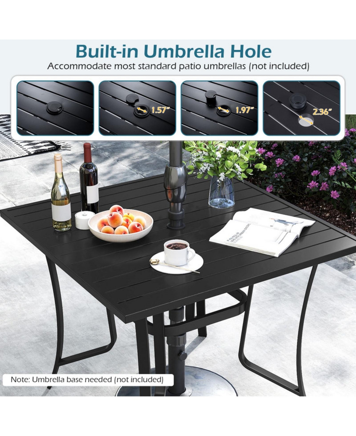 Gouun 37 in Square Metal Patio Dining Table for 4 with Umbrella Hole