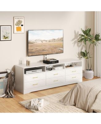 Home 32" to 80" Entertainment Center, Wood Media Console Dresser with 6 Drawers and Adjustable Bracket.