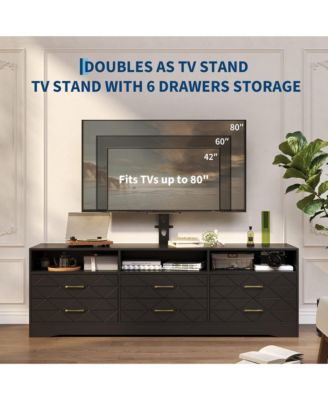Home 32" to 80" Entertainment Center, Wood Media Console Dresser with 6 Drawers and Adjustable Bracket.