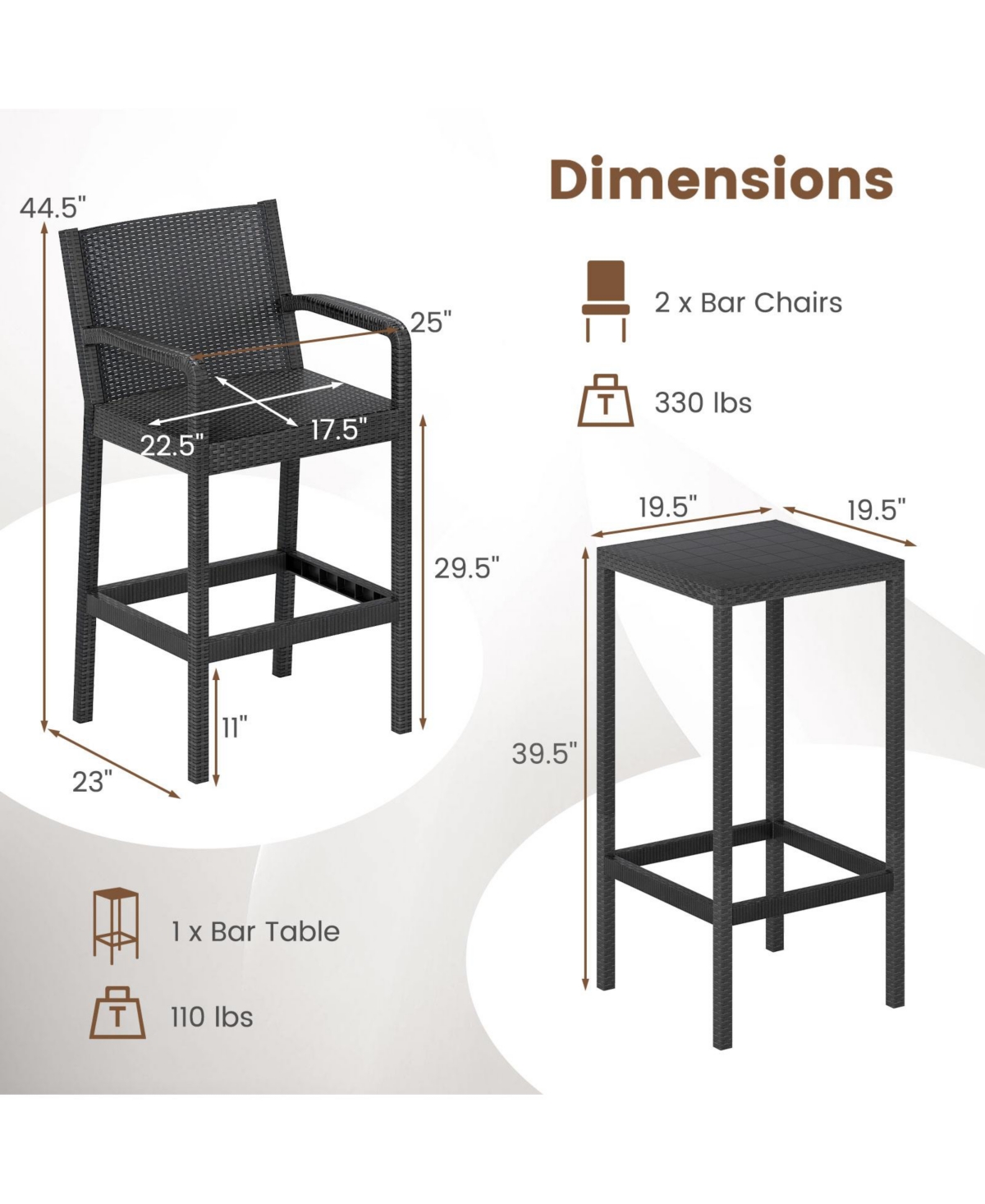 Slickblue 3 Pieces Patio Bar Set with 2 Stools and 1 Bar Table