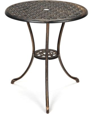 Patio Bistro Table, 24" Round Outdoor Coffee Table with 2" Umbrella Hole, Outdoor Cast Aluminum Bistro Table Side Table with Iron Frame