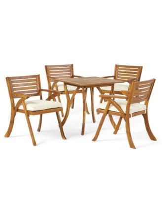 Outdoor Hermosa 5 Piece Wood Dining Set With Cushions, Teak Finish With Cream Cushion