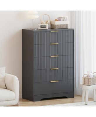 Bedroom 31.5" Tall Dresser, 5 Drawer Chest of Drawers, Engineered Wood Storage Cabinet with Gold Handles.