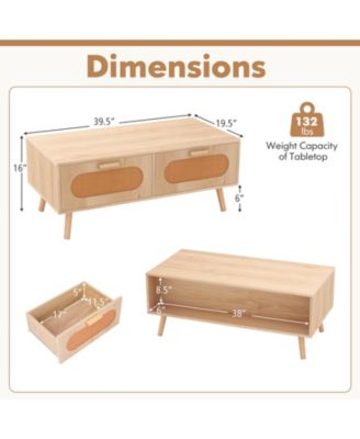 Rattan Coffee Table Mid Century Modern Center Table with 2 Storage Drawers-Natural