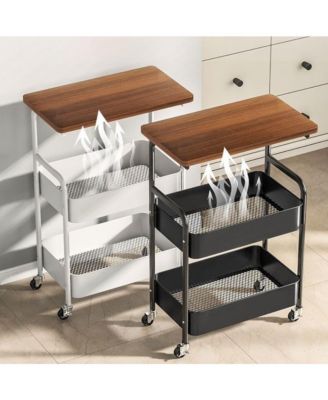 3-Tier Rolling Cart w/Wooden Tabletop, Utility Cart w/Lockable Wheels, Multipurpose Storage Organizer Trolley for Kitchen, Office, Bedroom