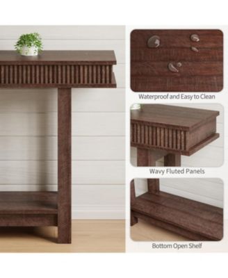 Farmhouse Fluted Console Table, 2 Tier Wooden Entryway Table with Shelf Storage, Rectangular Narrow Sofa Table Behind Couch