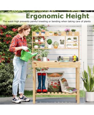 Wooden Potting Bench Table Garden Planting Workstation with 3-Tier Open Shelf