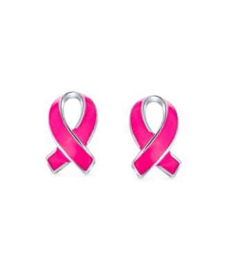Breast Cancer Awareness Ribbon Support Enamel Stud Earrings .925 Sterling Silver