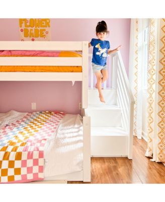 Wooden Twin over Full Low Bunk Bed for Kids with Staircase