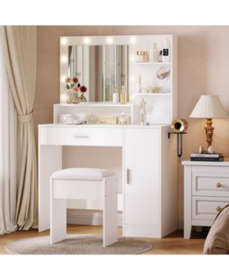Modern Vanity Desk with Mirror LED Lights, Power Outlet, Storage Shelf, Hairdryer Rack, Adjustable Lighting, Cushioned Stool for Bedroom