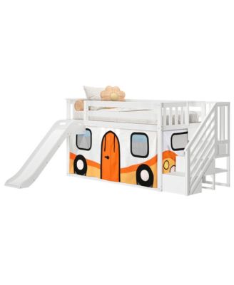 Low Twin over Twin Bunk With Stairs, Easy Slide and Orange Camper Van Curtain
