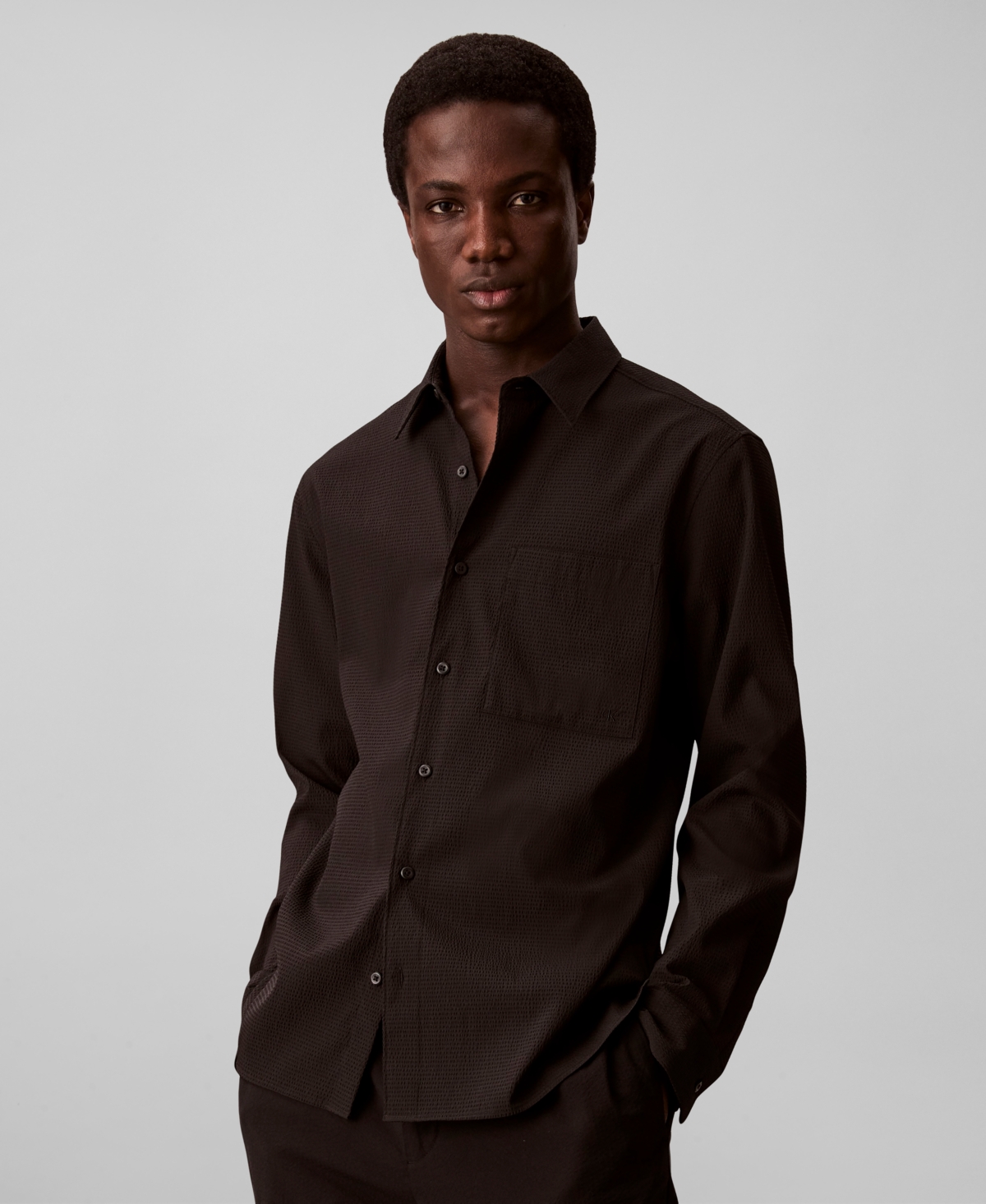 Calvin Klein Men's Collared Neck Long-Sleeve Shirt - Black