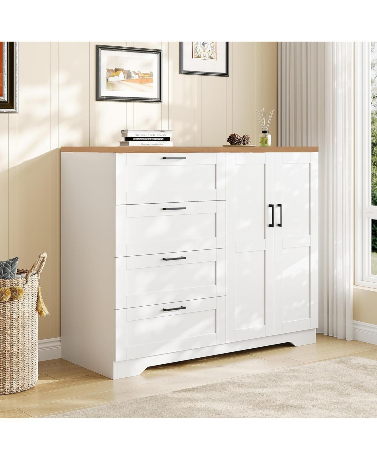 gaomon Multifunctional Wooden Dresser for Bedroom, 43.3 in H 2 Door Wardrobe Armoire Closet with 4 Drawers and Hanging Rod