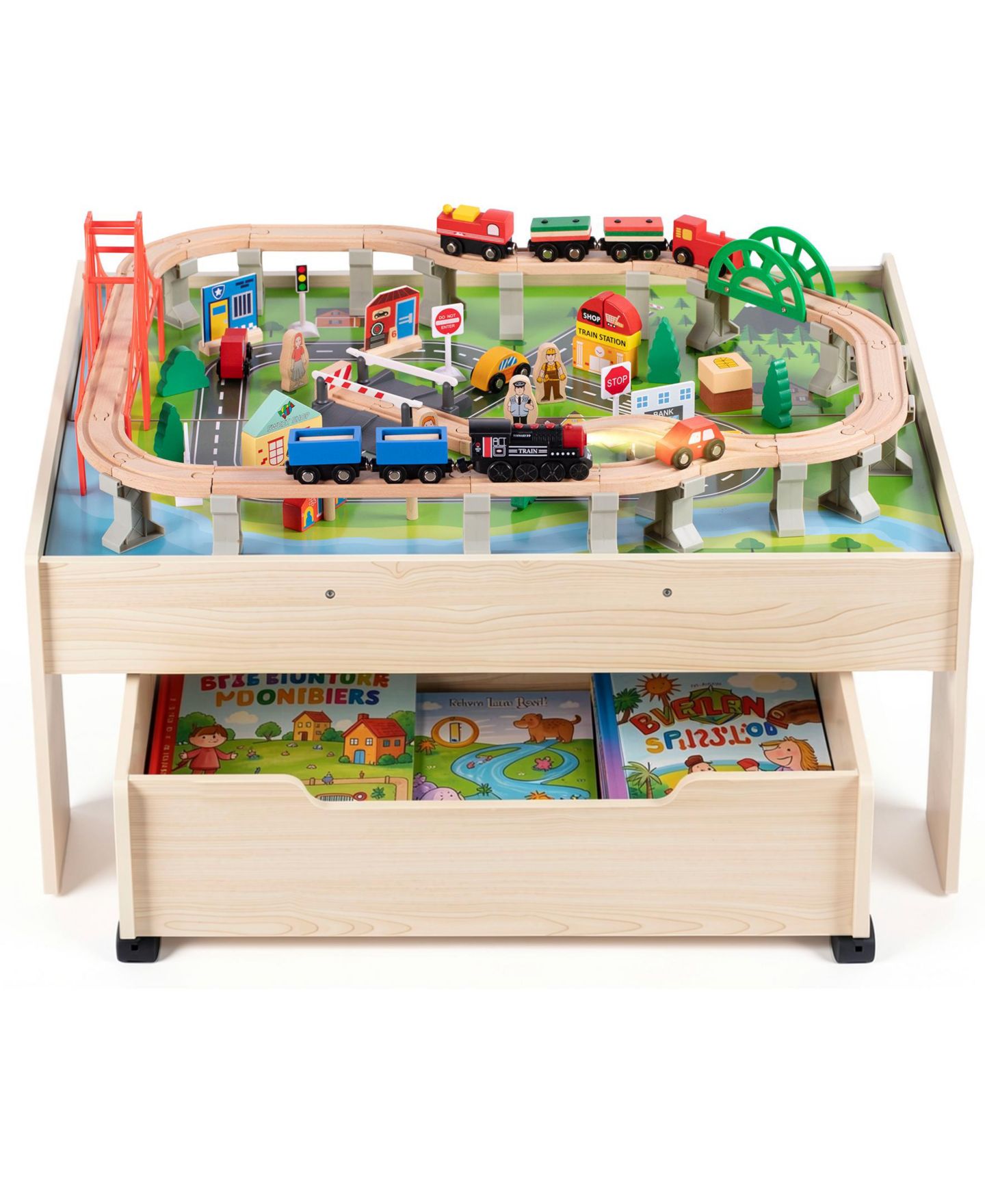 Детские игрушки SUGIFT 100-Piece Multicolor Wooden Kids Activity Table, 3-in-1 Wooden Train Set with Rolling Storage Drawer, Creative Toy Set for Kids Ages 3+, цвет: Натуральный — фото 2