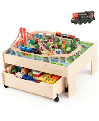 100-Piece Multicolor Wooden Kids Activity Table, 3-in-1 Wooden Train Set with Rolling Storage Drawer, Creative Toy Set for Kids Ages 3+