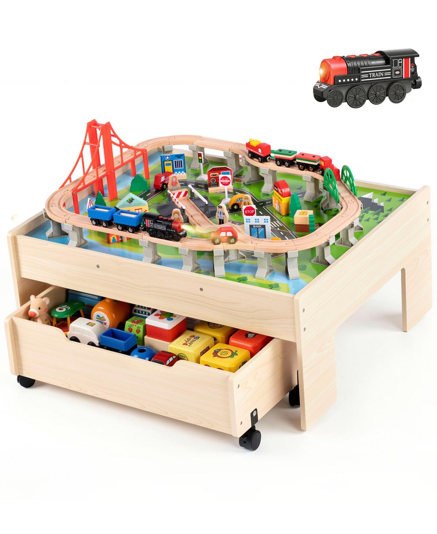Детские игрушки SUGIFT 100-Piece Multicolor Wooden Kids Activity Table, 3-in-1 Wooden Train Set with Rolling Storage Drawer, Creative Toy Set for Kids Ages 3+, цвет: Натуральный — фото 1