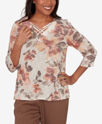 Petite Spice Market Embellished Neck Watercolor Floral Top