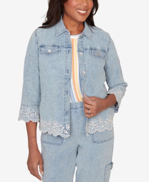 Женские куртки Alfred Dunner Petite Out of the Blue Floral Embroidered Scallop Trim Collared Jacket