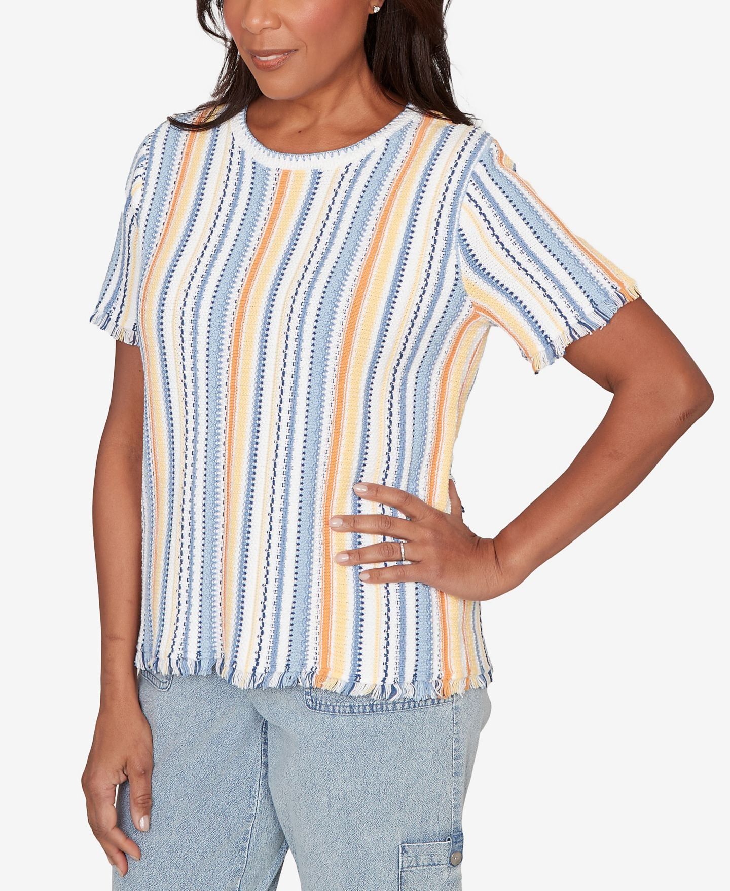 Женская футболка Alfred Dunner Petite Out of the Blue Textured Fringe Stripe Short-Sleeve, цвет: Синий разноцветный — фото 4