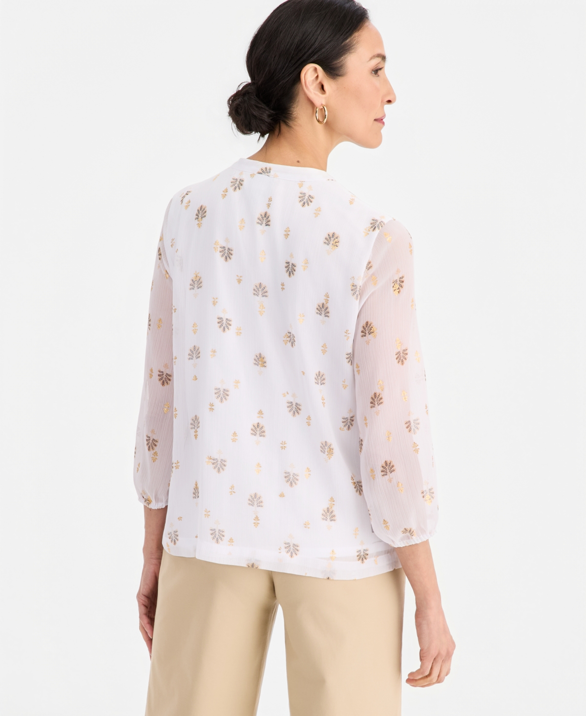 Jm Collection Women's 3/4 Sleeve Metallic-Print Tie-Neck Blouse, Macy's Exclusive