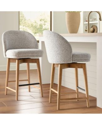 Set of 2 Swivel Upholstered Counter Height Stools with Solid Wood Legs
