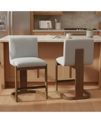 Modern Bar Stools Set of 2, 24" Solid Wood Counter Height Chairs with Linen Upholstered Seat for Kitchen Island, Home Bar
