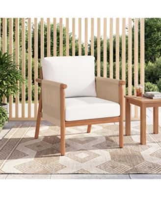 Acacia Wood Patio Chair with Woven Rope Armrests and Cushions