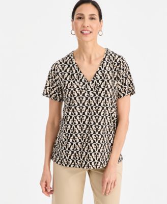 Women's Printed Short Sleeve V-Neck Jacquard Top